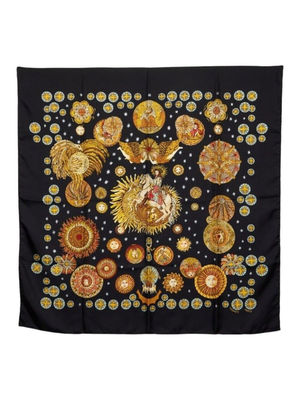 Hermes Carre 90 Sun King le Roy Soleil Scarf Black Silk
